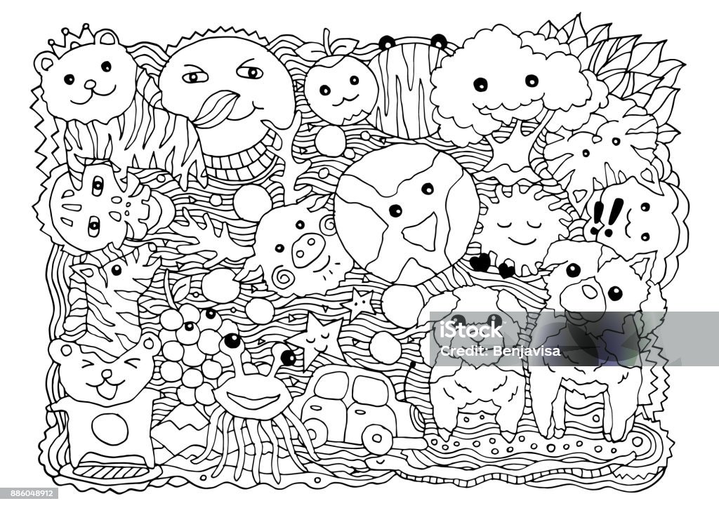 funny monster animal group hand drawn vector drawing illustration design Abstract stock vector