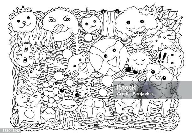 Funny Monster Animal Group Hand Drawn Vector Drawing Illustration Design Stock Illustration - Download Image Now