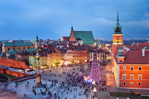 Old Town of Warsaw, capital city of Poland, illuminated at evening during Christmas time.