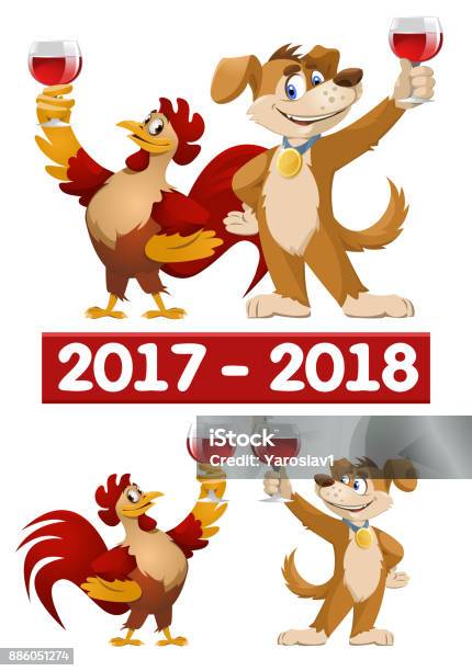 Funny Cartoon Rooster And Dog As Symbols Of New Year 2017 And 2018 Giving A  Toast Vector Illustration Elements Is Grouped Stock Illustration - Download  Image Now - iStock