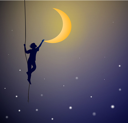boy hanging on the rope and touching the moon, on the heavens, dream, shadows