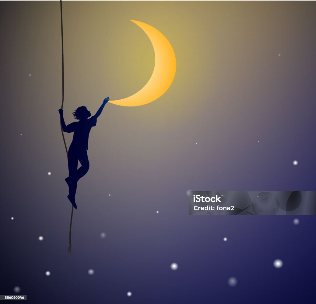 boy hanging on the rope and touching the moon, on the heavens, dream, boy hanging on the rope and touching the moon, on the heavens, dream, shadows Ethereal stock vector