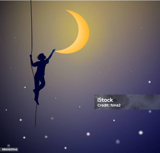 Boy Hanging On The Rope And Touching The Moon On The Heavens Dream Stock Illustration - Download Image Now
