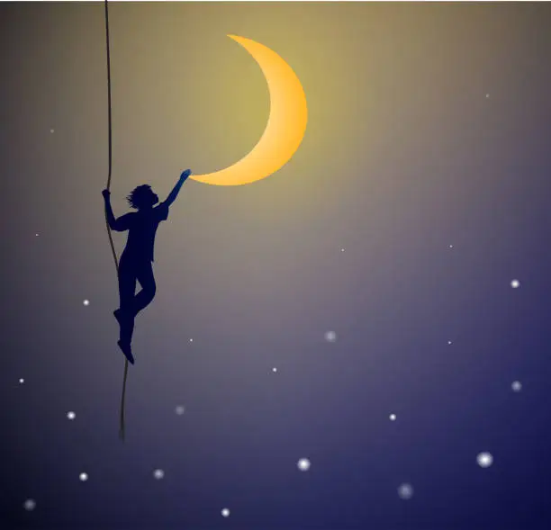Vector illustration of boy hanging on the rope and touching the moon, on the heavens, dream,