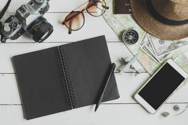 istock Overhead view of Traveler's accessories and items with notebook 886068572