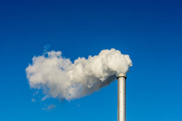 a metallic chimney giving off a heavy cloud of white smoke against a deep blue sky - energia reativa imagens e fotografias de stock