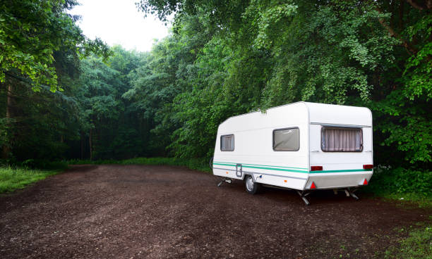 istock Caravan trailer and a car on a forest road, on a summer day 886069630