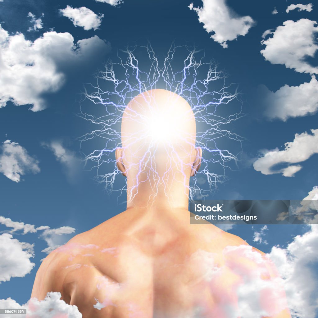 Man with Head in clouds Man with Head in clouds. 3D rendering Abstract Stock Photo