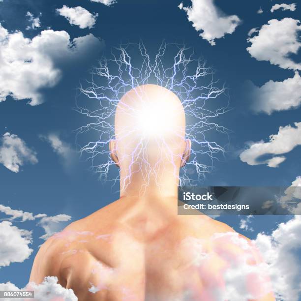 Man With Head In Clouds Stock Photo - Download Image Now - Abstract, Aspirations, Backgrounds