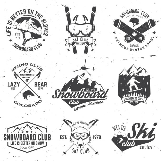Ski and Snowboard Club emblem. Vector illustration Ski and Snowboard Club emblem. Vector illustration. Concept for shirt, print, stamp, badge or tee. Vintage typography design with snowboarder and skier silhouette. Winter Extreme sport. slopestyle stock illustrations