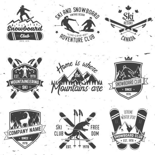 illustrazioni stock, clip art, cartoni animati e icone di tendenza di emblema dello ski and snowboard club. illustrazione vettoriale - sciatore velocità