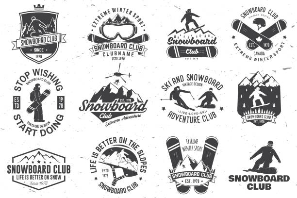 Set of Snowboard Club badges Set of Snowboard Club insignia or badge. Vector. Concept for shirt , print, stamp or tee. Vintage typography design with snowboarder and mountain silhouette. Extreme winter sport. ski goggles stock illustrations