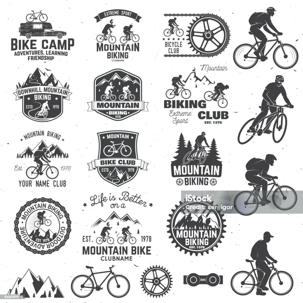 Mountain biking collection. Vector illustration Set of Mountain biking clubs emblem with design element. Vector illustration. Concept for head badges, shirt, print, stamp. Mountain biking man riding on bikes silhouette. Outdoor sport activity. Cycling stock vector
