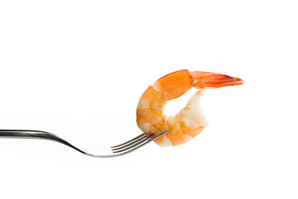 istock Cooked shrimp,steamed shrimp on fork on white background 886089656