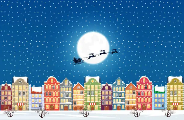 Vector illustration of Santa Claus flies over a decorated snowy old city town at Christmas eve.
