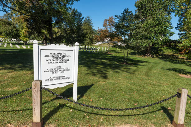 Welcome sign board at Arlington National Cemetery, Virginia, USA.  This graveyard is for members of the US military