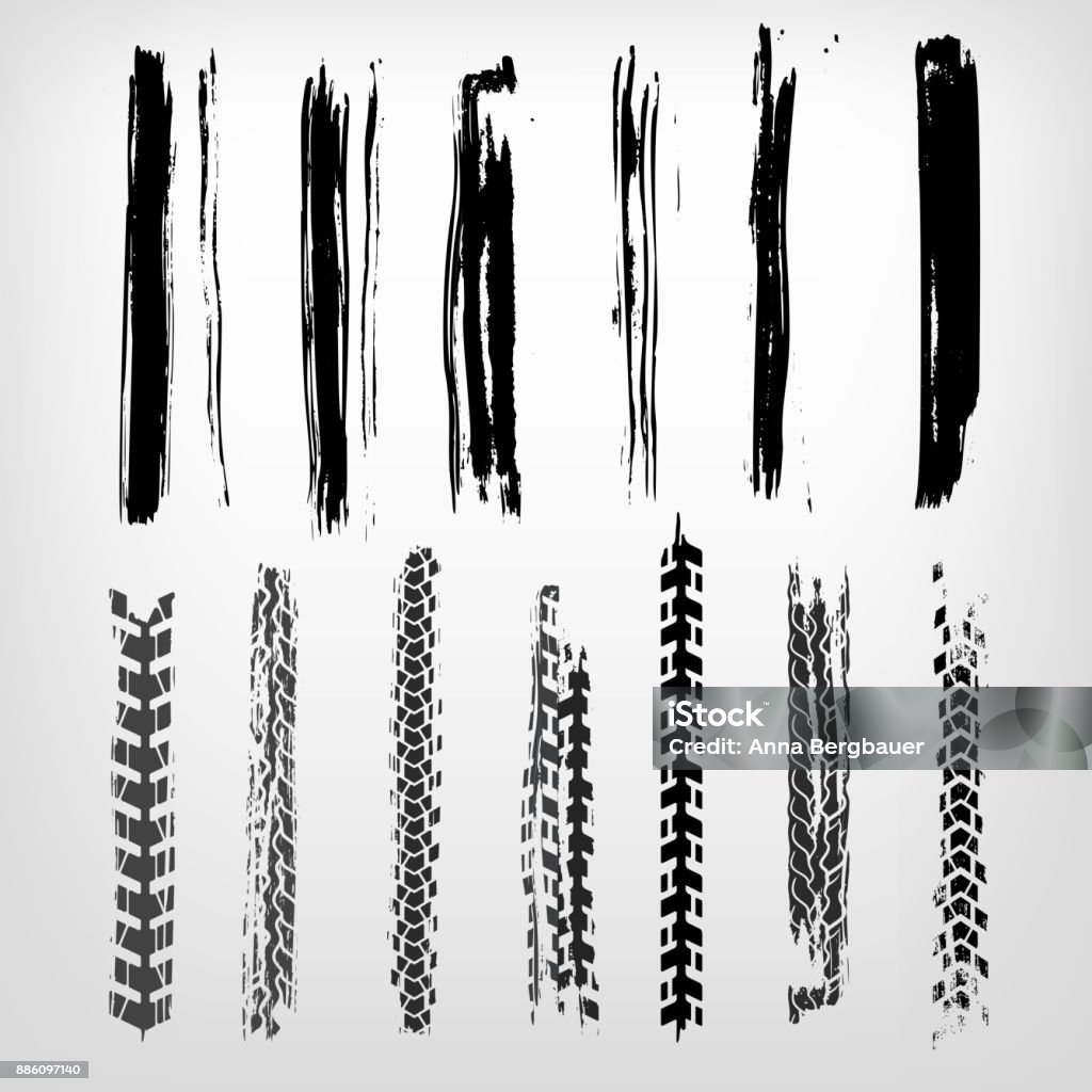 Grunge Tire Element Tire imprints, paint, ink brush strokes, brushes, mud lines and scratches. Dirty artistic design elements. Editable vector illustration. Grunge elements set. Tire - Vehicle Part stock vector