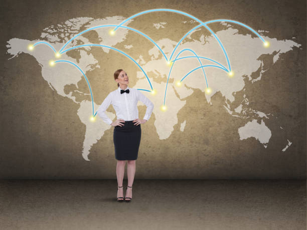 istock Businesswoman with wall map 886097334