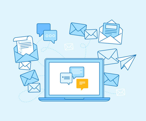 e-mail-marketing-konzept - laptop mit mailing-app - e mail posteingang stock-grafiken, -clipart, -cartoons und -symbole