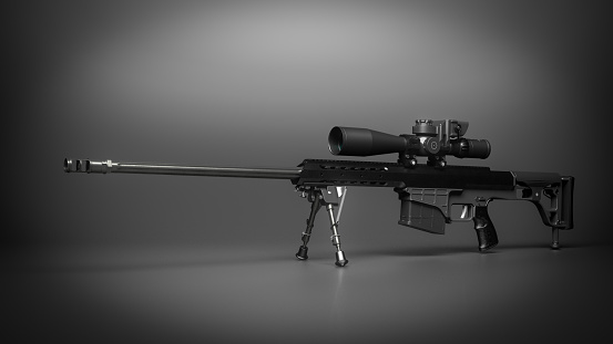 Digitally generated Barrett Model 98B bolt-action sniper rifle chambered in .338 Lapua Magnum (8.6×70mm or 8.58×70mm) isolated on dark gray background with low key lighting.
