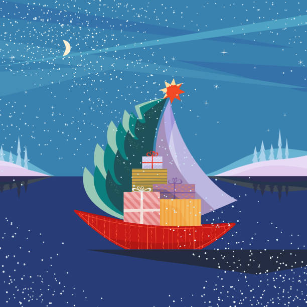 рождественский парусник в море - sea water single object sailboat stock illustrations