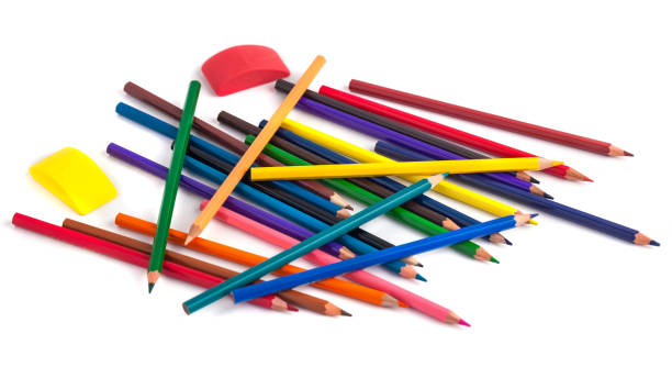 istock colored pencils, Eraser and pencil sharpener on white background 886122330
