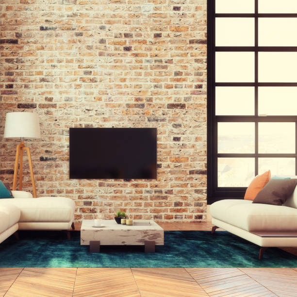istock loft apartment living room with large TV LED screen 886122448