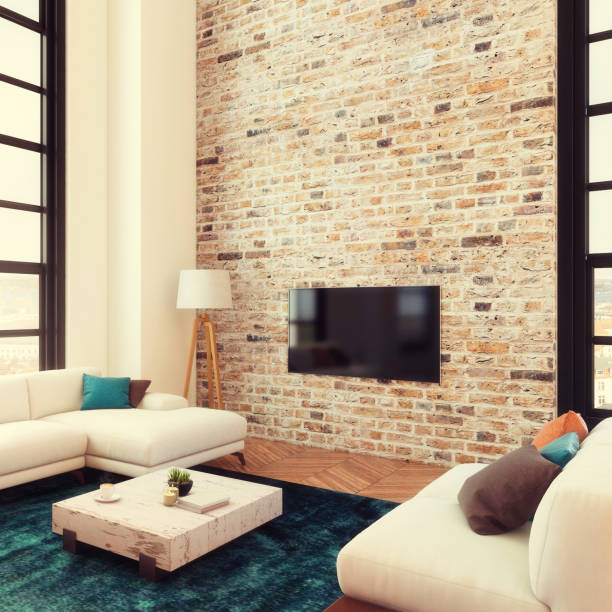 istock loft apartment living room with large TV LED screen 886124826