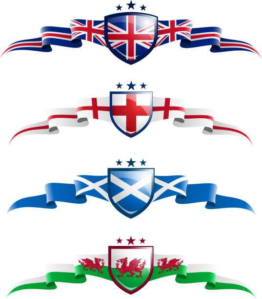 ilustraciones, imágenes clip art, dibujos animados e iconos de stock de conjunto de reino unido bandera patriótica - insignia british flag coat of arms uk