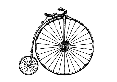 Vector hand drawn illustration of retro bicycle, penny-farthing. Retro bicycle was used in the 1870s.