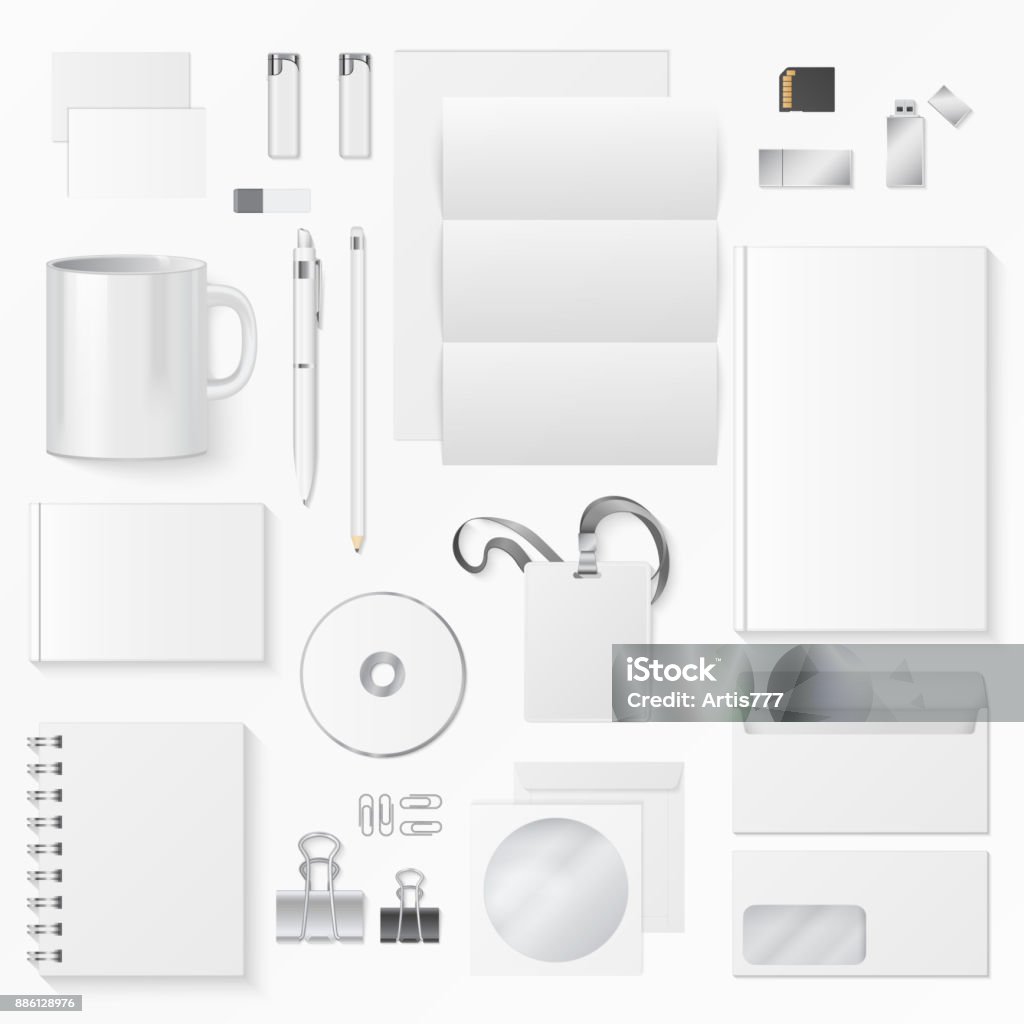 Vector Illustration Of Various White Office Supplies On White Background  Corporate Identity Elements Stock Illustration - Download Image Now - iStock