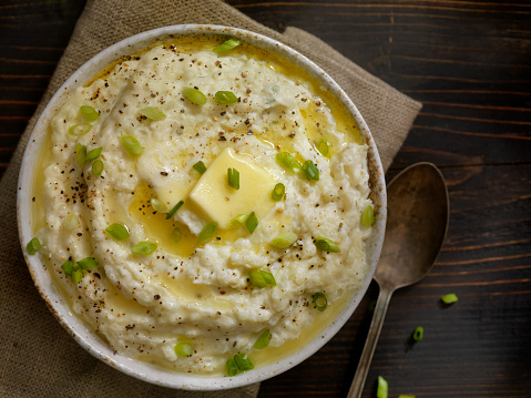 Creamy Mashed Cauliflower with Melted Butter and Green Onions