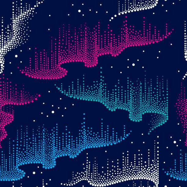 Vector seamless pattern with dotted swirls of color northern lights or Aurora borealis in blue, pink and white on the dark background. Vector seamless pattern with dotted swirls of color northern or polar light in blue, pink and white on the dark background. Aurora borealis lights in dotwork style for space and galaxy design. aurora polaris stock illustrations