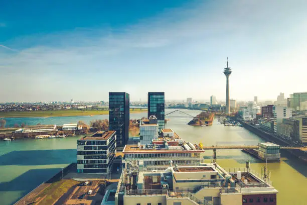 duesseldorf media harbor and skyline with tv tower in germany.