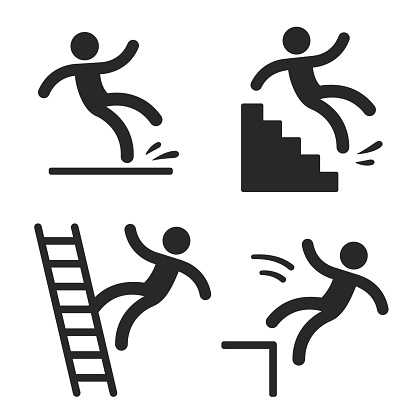 Caution symbols with stick figure man falling. Wet floor, tripping on stairs, fall down from ladder and over the edge. Workplace safety and injury vector illustration.