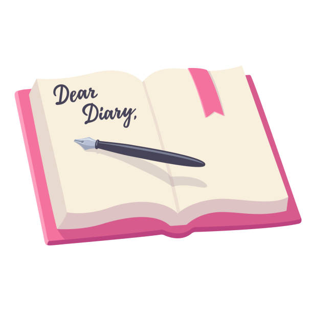 Open diary illustration Open notebook with pen and written words Dear Diary. Journal entry vector illustration. pen fountain pen writing isolated stock illustrations