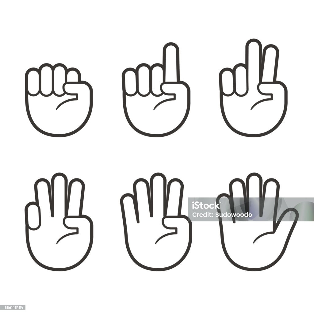 Finger count hand icons Hand icons with finger count. Hand gesture symbols, counting by bending fingers. Vector clip art illustration. Hand stock vector