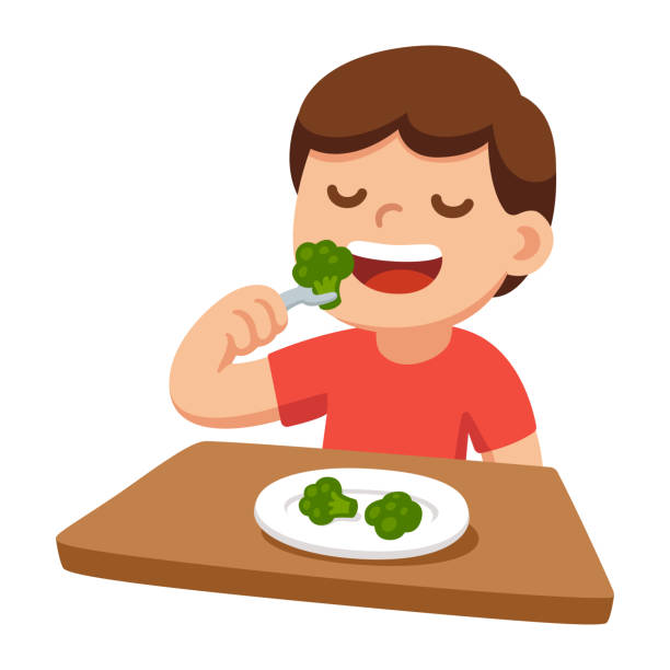 ilustraciones, imágenes clip art, dibujos animados e iconos de stock de niño comiendo broccoli - eating