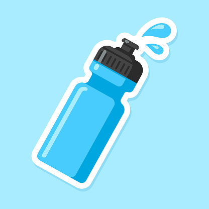 Sports water bottle icon. Blue plastic bottle in flat cartoon style with drops of water. Vector illustration.