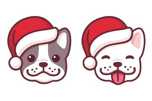 French Bulldog puppy faces in Santa hats. Cute cartoon dogs smiling and sticking out tongue. Christmas vector illustration.