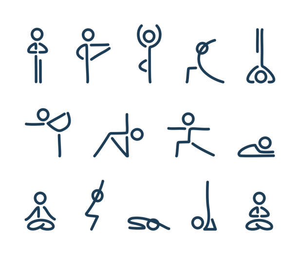 Yoga poses icons Simple stylized yoga poses icon set. Stick figures in yoga asanas, vector illustration. headstand stock illustrations