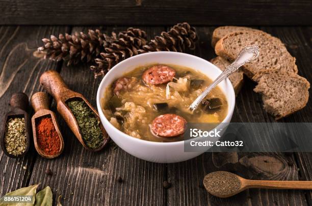 Slovak Christmas Cabbage Soup With Mushrooms On Natural Background Stock Photo - Download Image Now