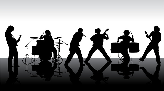 Rock band silhouette on stage. Vector illustration