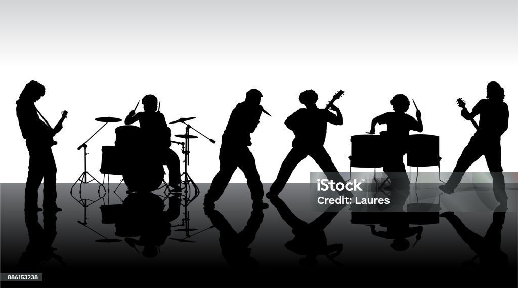 Rock band silhouette on stage Rock band silhouette on stage. Vector illustration In Silhouette stock vector