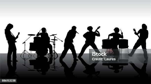 Rock Band Silhouette On Stage Stock Illustration - Download Image Now - In Silhouette, Rock Group, Performance Group