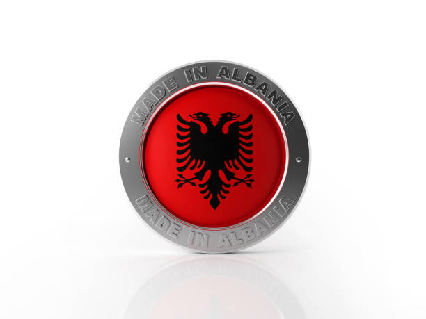 Made in Albania badge on white background. Horizontal composition with clipping path.