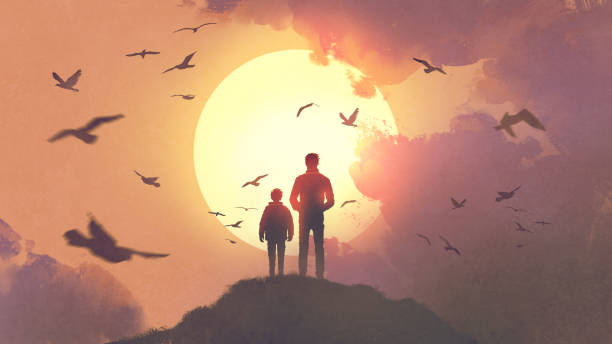 father and son looking at the sunrise silhouette of father and son standing on the mountain looking at the sun rising in the sky, digital art style, illustration painting son stock illustrations
