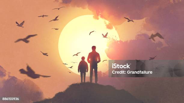 Father And Son Looking At The Sunrise Stock Illustration - Download Image Now - Father, Son, Painting - Activity