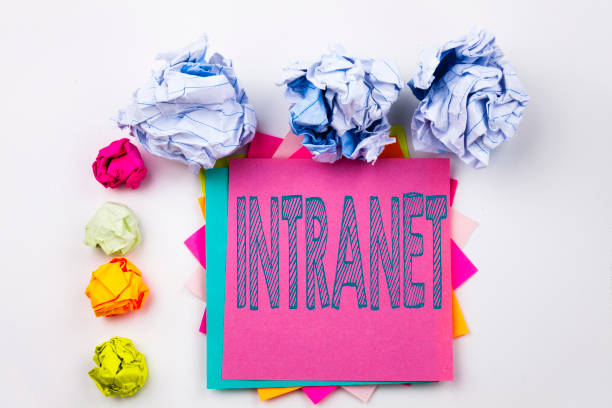 istock Writing text showing Intranet word cloud written on sticky note in office with screw paper balls. Business concept for Internet Network Technology on the white isolated background. 886160586