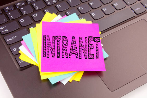 istock Writing Intranet word cloud text made in the office close-up on laptop computer keyboard. Business concept for Internet Network Technology Workshop on the black background with copy space 886167874